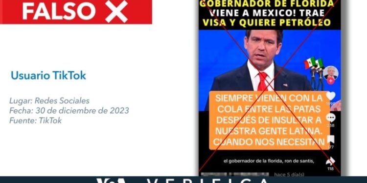 Falso que el gobernador de Florida Ron DeSantis haya anunciado una visita urgente a México para ofrecer visas por petróleo