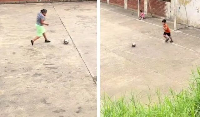 El VIDEO más tierno que verás: abuelita juega fútbol con su nieto y se hace VIRAL