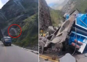Dos camiones se parten por la mitad al ser golpeados por avalancha de rocas gigantes (VIDEOS)