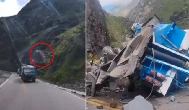 Dos camiones se parten por la mitad al ser golpeados por avalancha de rocas gigantes (VIDEOS)