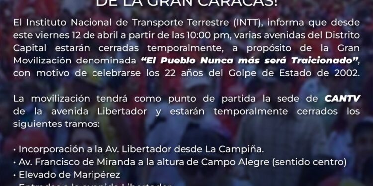 Conozca las vías que estarán cerradas en Caracas por la movilización oficialista