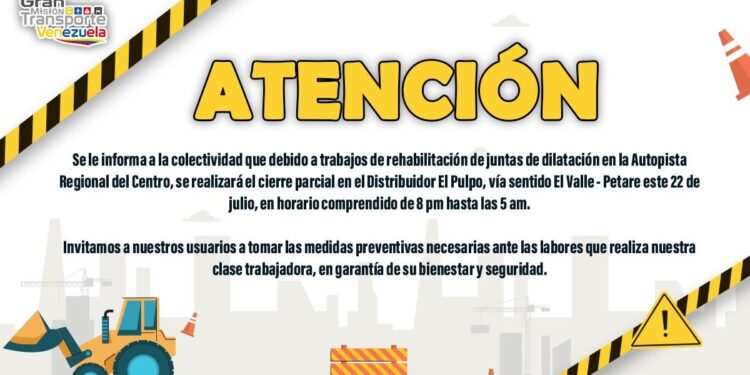 MPPT informó cierre temporal del distribuidor el Pulpo por trabajos en la Autopista Regional del Centro
