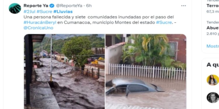 Coletazo de huracán Beryl causa dos muertes en Venezuela