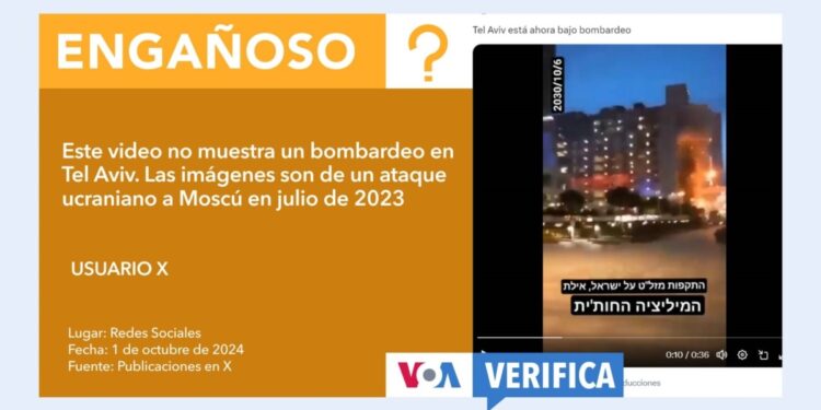 Este video no muestra un bombardeo sobre Tel Aviv en octubre de 2024, sino a Moscú en 2023